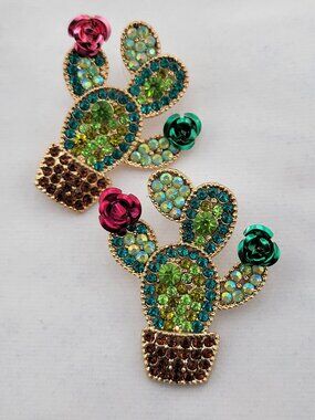 Colorful Cactus Rhinestone Earrings Gold Tone Floral Desert Southwest Statement